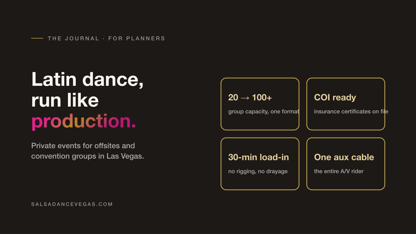 Logistics graphic: capacity, COI, load-in, and A/V for corporate dance events