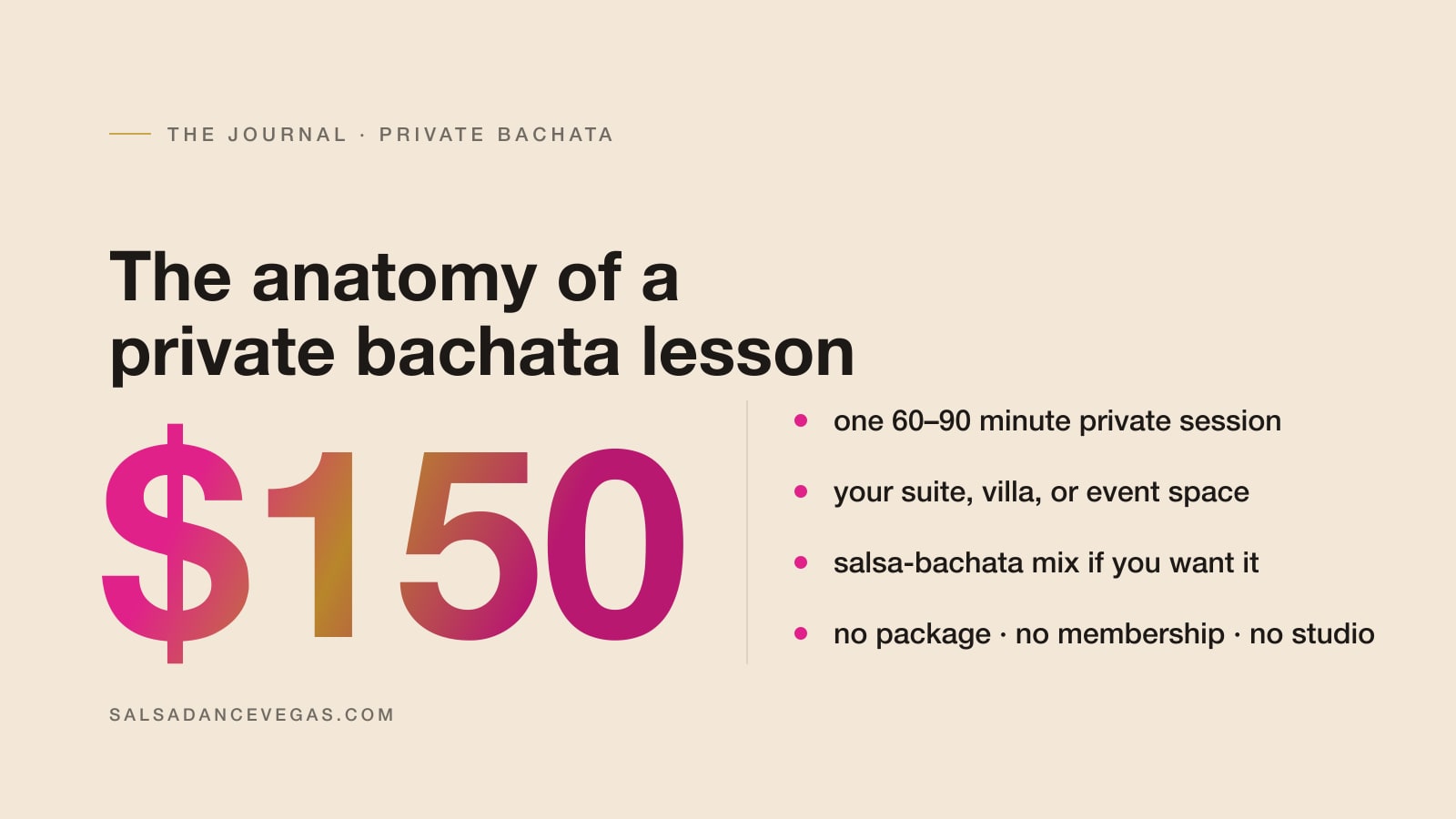 Price card for a $150 private bachata lesson in Las Vegas: one 60–90 minute session in your suite, villa, or event space — no package, no membership, no studio