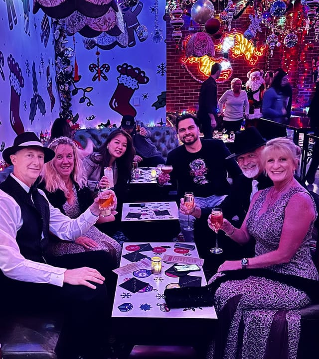 A group toasting at a holiday-themed Las Vegas bar